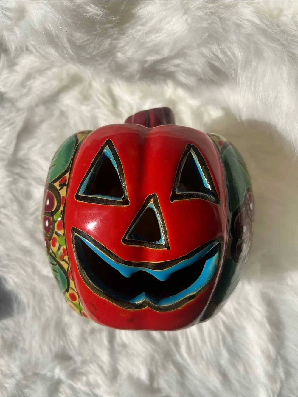 Talavera Ceramic Pumpkin Jack-O-Lantern Figurine Medium Hand Painted Mexico